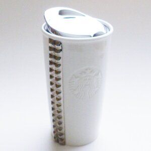 Starbucks 2014 White Ceramic Silver Studded Travel  Coffee Mug With Lid 10oz
